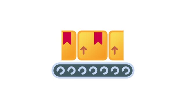 A flat icon of multiple orange boxes stacked on a conveyor belt system symbolizing warehouse automation, bulk order fulfillment, assembly line logistics, or industrial package processing
