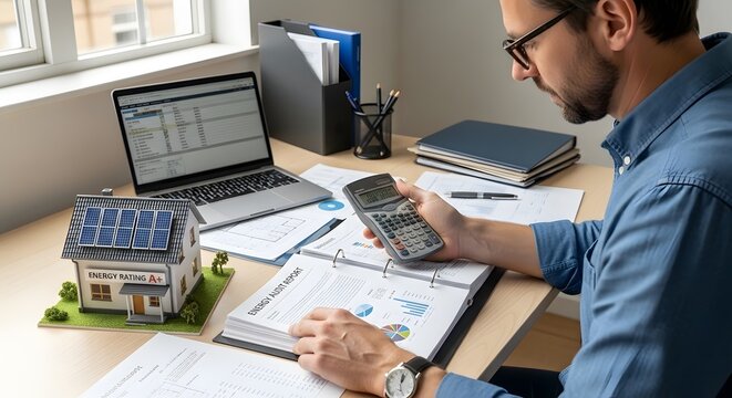 Man reviewing energy audit report with solar house model