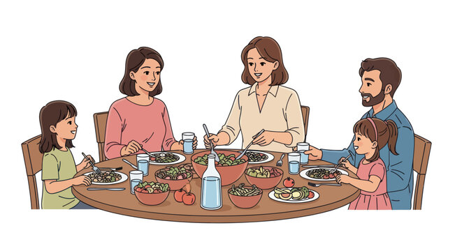Happy family having a healthy dinner together at a round table