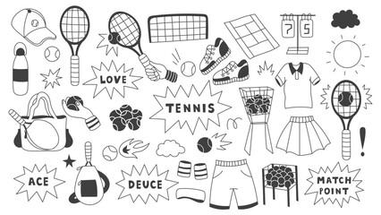 Fototapeta premium Tennis Elements Set. Doodle Sport Game Equipment Items. Uniform Racket Ball Speech Bubble with Text. Play Dynamic Motion Icons. Vector Illustration