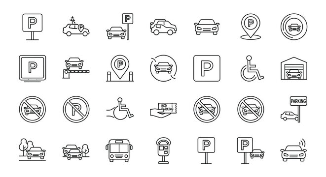 Parking and Vehicle Icons Set for Parking Management and Regulation