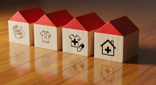 Four Wooden Blocks Representing Basic Needs