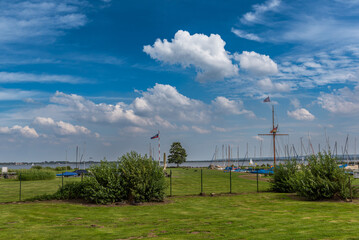 Fototapeta premium Boats in Olgahafen on Lake Dümmer, Lower Saxony, Germany