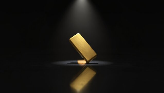 A gold bar standing under a spotlight on a dark background with a reflective surface, symbolizing wealth and investment.