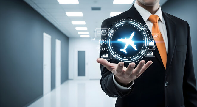 Businessman holding a digital holographic projection of an airplane icon with business analytics and data charts in a modern office corridor