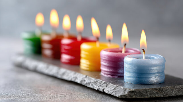 Row of colorful lit candles on slate tablet for hanukkah menorah tradition background and banner design