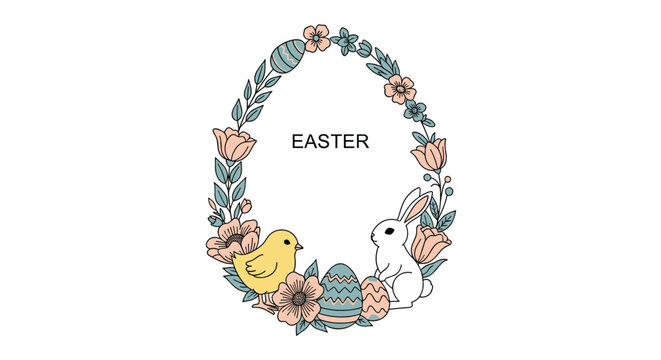 Decorative Easter egg-shaped floral wreath featuring a cute white bunny, a yellow chick, and patterned colorful eggs.