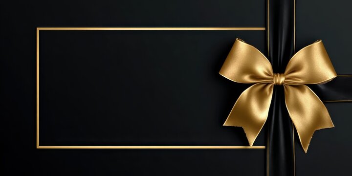 Gold border template, ribbon bow, textured paper surface. Blank central panel for custom message. Sheen frame, elegant luxury ceremony framed invitation black layout. Voucher, gift card use. Goal list