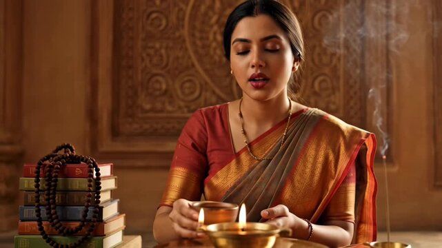Indian woman performing traditional worship with diya lamp and holy water