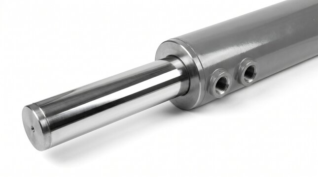 Hydraulic cylinder rod with chrome piston and mounting bracket isolated on white
