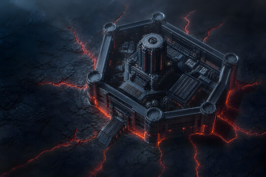 a pristine data fortress with cracks of red light beginning to spread, dramatic rim light, no people visible, copy space, rendered in hype