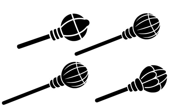 Set of four black silhouette mace medieval weapons with spiked ball head isolated on white background, perfect for history, game design, and heraldry concepts