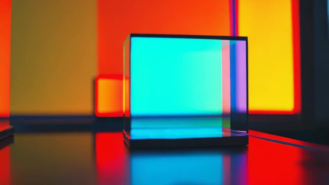 Glass cube on a reflective surface capturing and refracting vibrant light in shades of red, orange, yellow, and blue, creating a mesmerizing blend of colors and geometric reflections