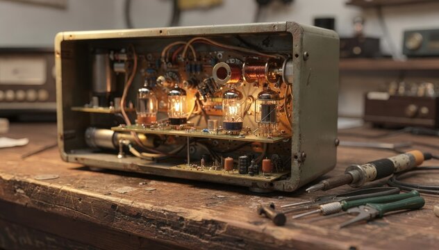 Side angle on a partially open tube radio revealing internal components repairers tools in sharp focus background radio parts fading into soft blur.