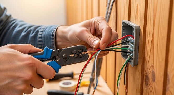 Man wiring an electrical junction box with colorful wires