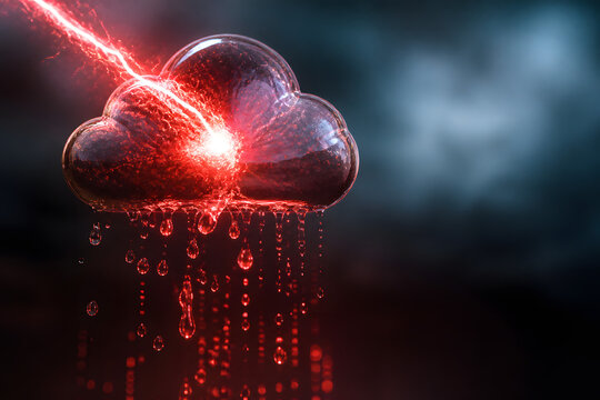 a translucent cloud icon being struck by red lightning leaking data drops, dramatic spotlight, no people visible, copy space, rendered in