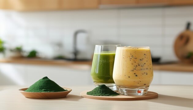 Two refreshing spirulina smoothies on a kitchen counter with copy space