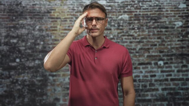 Man with hand to forehead and glasses in studio against textured brick wall, wearing red polo; thoughtful introspection.