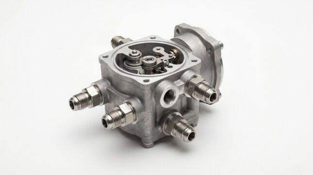 Metal aircraft engine fuel control unit isolated on white background