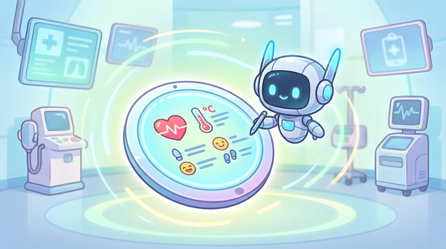 Cute chibi robot interacting with digital healthcare analytics interface, widescreen cinematic illustration in a modern hospital room environment.