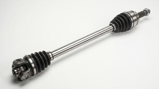 Metal automotive axle shaft with universal joints and splined ends isolated on white