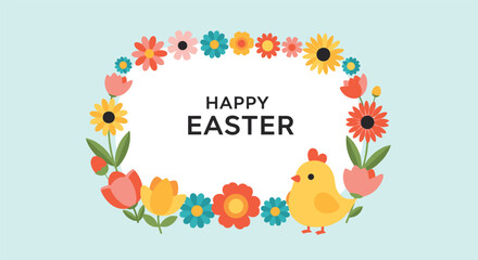 Fototapeta premium Festive happy easter greeting card with a cute yellow chick and a vibrant colorful floral frame on a blue background.