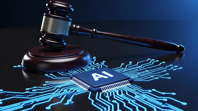 Gavel and circuit board with ai text digital law and technology concept