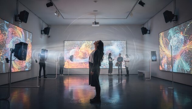 Med shot of an interactive digital art gallery where directional sound speakers are mounted highlighting a visitor experiencing immersive audio paired with visual displays.