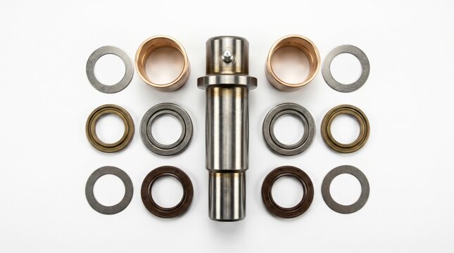 Metal king pin and trailer coupling rings arranged on white background