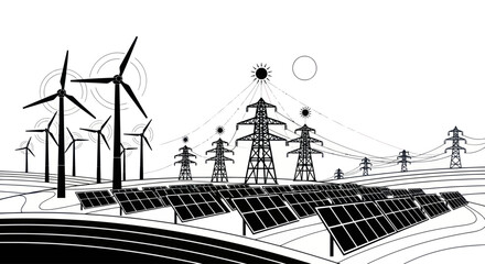 Monochromatic illustration of renewable energy sources and power transmission. © wdflm