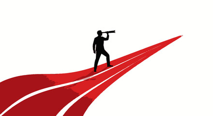 Fototapeta premium Silhouette of businessman looking through telescope on red path to future success