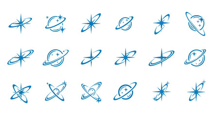 Set of blue star and cosmic orbit planet icons on white background © wdflm