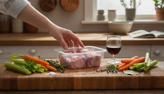 Person preparing raw beef oxtail in a bright kitchen