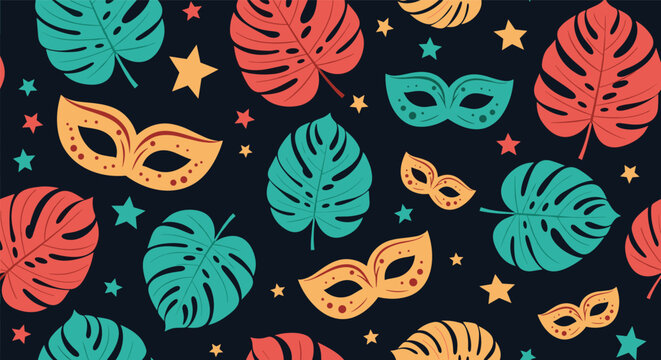 Festive seamless pattern featuring colorful monstera leaves, decorative carnival masks, and stars for party themes.