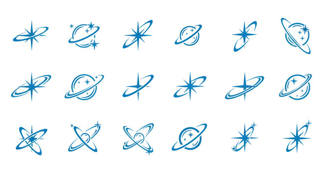 Set of blue star and cosmic orbit planet icons on white background