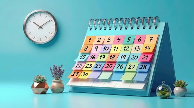 A desktop calendar with sticky notes indicating important dates and appointments, set against a soft, bright blue backdrop.