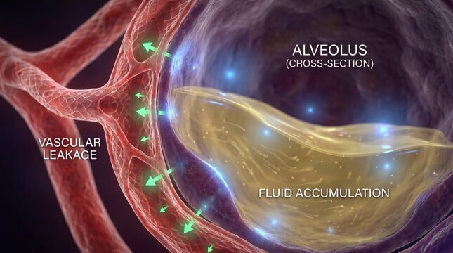 3D render illustrating fluid accumulation within an alveolus (cross-section) due to vascular leakage, a key aspect of pulmonary edema. Medical education.