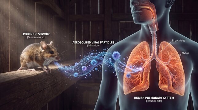 hantavirus, Scientific illustration of aerosolized viral particle transmission from a rodent reservoir (Peromyscus sp.) to the human pulmonary system, infecting bronchioles and alveoli.