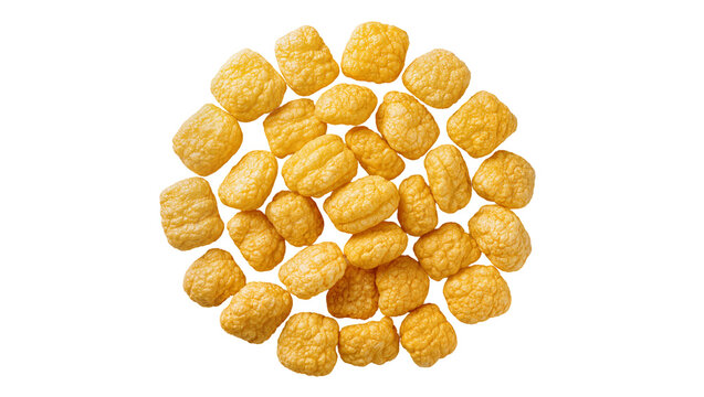 Isolated crunchy cheese puffs snack food pile, delicious savory crisp corn bites group.