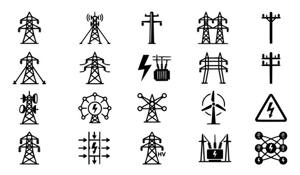 Transmission tower icon set with electricity pylons and power line vector symbols