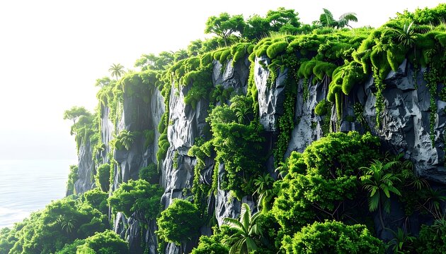 Lush green cliff face covered in dense vegetation overlooking the calm ocean under bright sunlight, tropical landscape, scenic vista