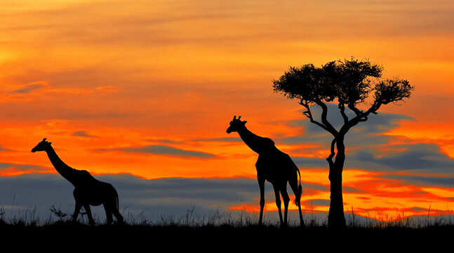 Giraffes against a stunning sunrise sky. Kenya. Masai Mara.