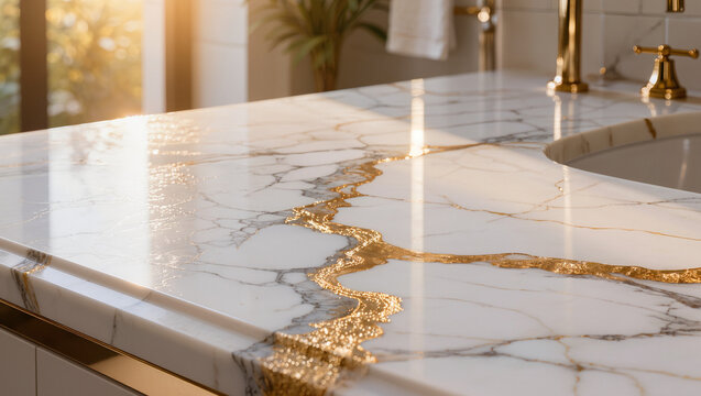 Sunlit White Marble Countertop with Golden Epoxy Veins in Luxurious Bathroom