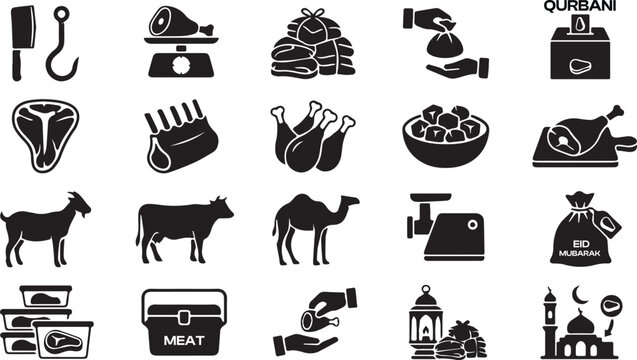 Islamic Sacrifice Meat Icon Set - Handing Out Qurbani Meat, Donation Boxes, and Halal Butcher Symbols