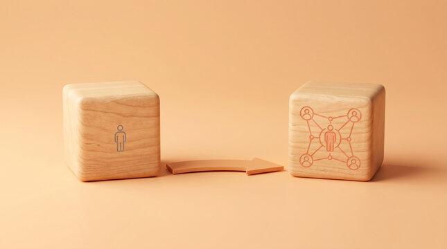 Two wooden cubes &mdash; one isolated alone, one with connected network icon &mdash; on a warm peachy background, symbolizing overcoming loneliness and building connection.