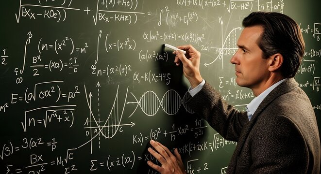 Man writing equations on blackboard displaying science learning