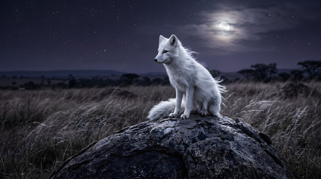Majestic arctic fox sitting on a large rock under a full moon and starry night sky in a serene grassy field landscape