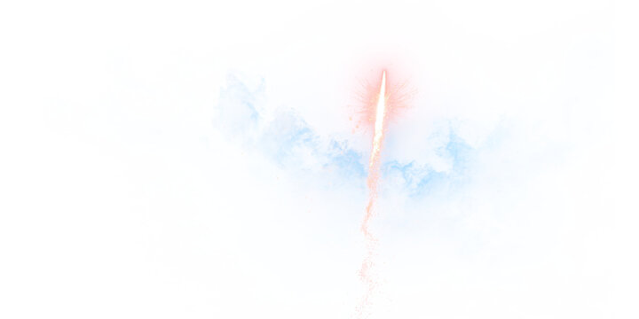 Red rocket trail with blue smoke burst, transparent png overlay fireworks effect