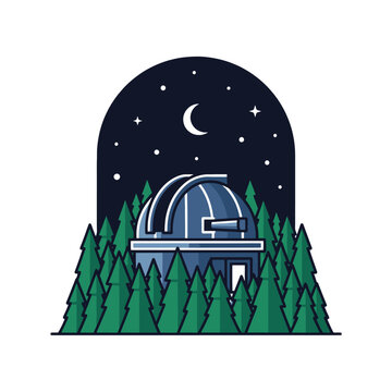 An observatory building sits inside a dark forest at night time
