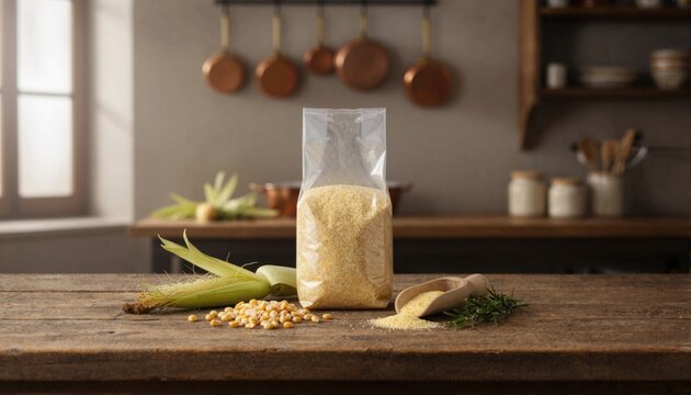 Rustic cornmeal package with fresh ingredients on wooden table